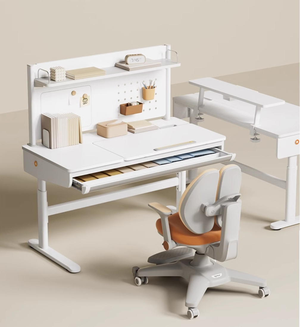 White children's adjustable study desk in a minimalist decor, showcasing DELTA CAINA's ergonomic and space-saving furniture hardware solutions for growing families.